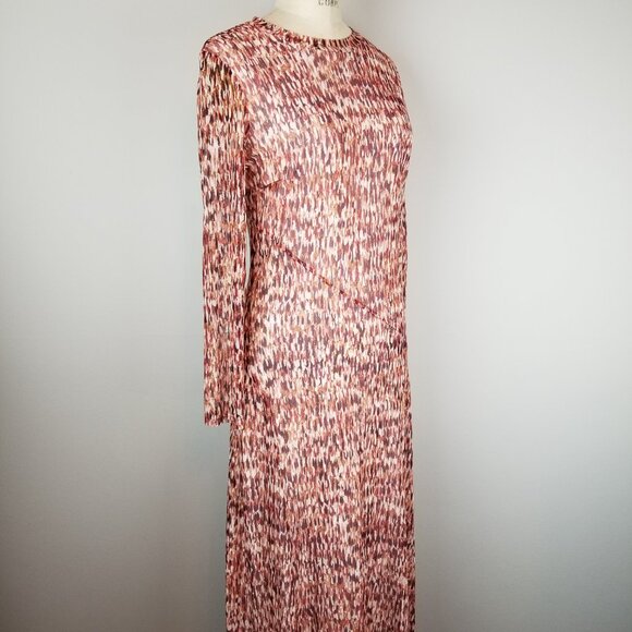 Vintage Nylon Mesh Long Sleeve Rust Allover Pattern Midi Dress Ladies Size Med - Picture 6 of 6